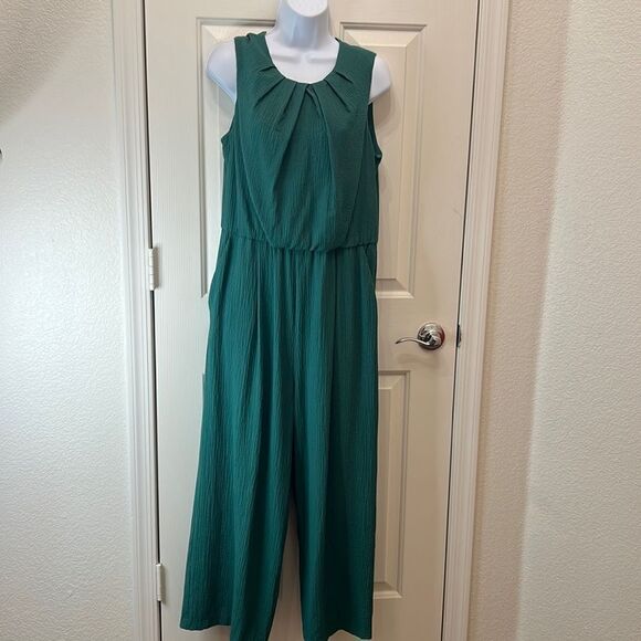 Calvin Klein Pantsuit Size 12 Green Scoop Pleated Neck Sleeveless Pockets - Picture 2 of 12
